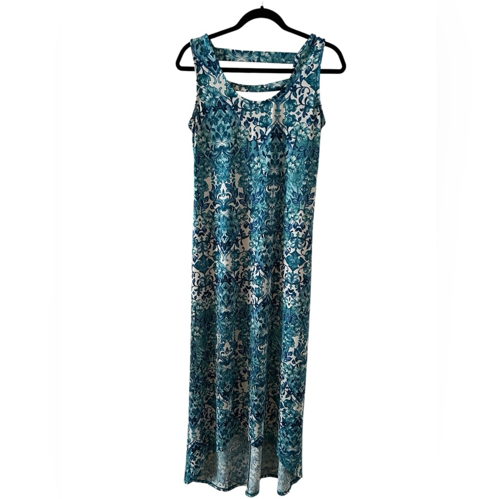 Nina Leonard Teal and White Maxi Hi Low Dress Size Medium